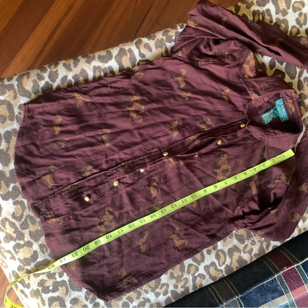 LAUREN RALPH LAUREN horse riding equestrian print burgundy buttons shirt top S - Picture 2 of 7